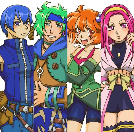 2boys 2girls :3 aine_(hoshi_wo_miru_hito) asymmetrical_hair belt belt_buckle black_dress black_thighhighs blue_cape blue_eyes blue_hair blue_headband blue_jacket blue_pants blue_shorts bow brown_belt brown_gloves brown_shirt buckle buttons cape closed_mouth coat collarbone commentary_request cowboy_shot detached_sleeves dress eri_muuton expressionless frown gloves green_hair green_jacket green_sleeves grey_sleeve_cuffs grin hair_between_eyes hair_bobbles hair_ornament hairband hand_in_own_hair hand_on_own_hip happy headband hoshi_wo_miru_hito jacket jewelry lace lace-trimmed_thighhighs lace_trim light_blush lips long_hair long_sleeves looking_at_viewer lowres messy_hair minami_(hoshi_wo_miru_hito) misa_(hoshi_wo_miru_hito) multiple_boys multiple_girls necklace open_clothes open_jacket open_mouth orange_eyes orange_hair own_hands_together pants pink_coat pink_eyes pink_hair pink_lips pink_tank_top pocket purple_eyes shiba_(hoshi_wo_miru_hito) shirt short_dress short_hair shorts simple_background sleeveless sleeveless_jacket smile standing stargazer_(series) straight_hair tank_top tareme teeth thighhighs turtleneck turtleneck_dress turtleneck_jacket upper_teeth_only very_long_hair waist_bow white_background wide_sleeves wrist_belt yellow_bow yellow_hairband zettai_ryouiki zipper zipper_pull_tab