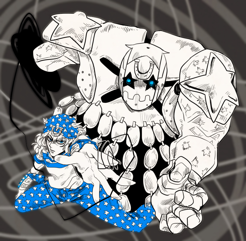 2boys blue_eyes hat horseshoe johnny_joestar jojo_no_kimyou_na_bouken multiple_boys nancy1209 spot_color stand_(jojo) steel_ball_run tusk_(stand) tusk_act4