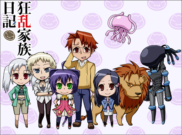 00s 2boys 3girls animal_ears bell blue_hair cat_ears cat_tail everyone green_eyes jellyfish kyouran_kazoku_nikki lion midarezaki_chika midarezaki_gekka midarezaki_ginka midarezaki_hyouka midarezaki_kyouka midarezaki_ouka midarezaki_teika midarezaki_yuuka multiple_boys multiple_girls pantyhose purple_hair red_eyes tail thighhighs white_hair