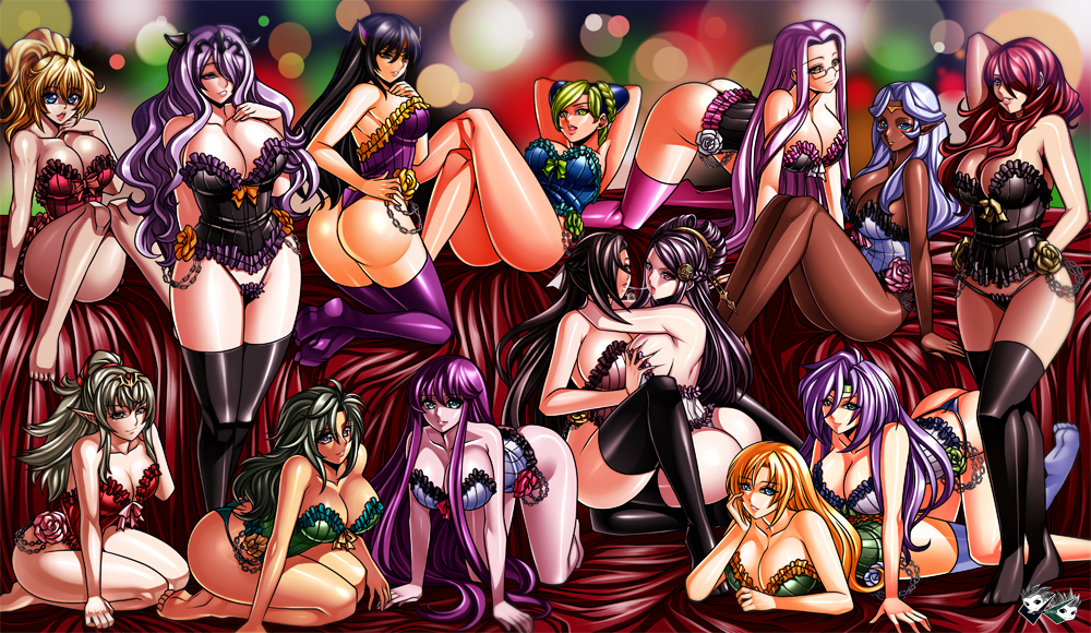 1990s_(style) 6+girls all_fours ass athena bare_shoulders barefoot bed black_hair black_legwear blonde_hair blue_eyes blue_hair breasts camilla_(fire_emblem) celes_chere cleavage corset crossover dark-skinned_female dark_skin excellen_browning faris_scherwiz fate/stay_night fate_(series) feet female_focus final_fantasy final_fantasy_iv final_fantasy_v final_fantasy_vi fire_emblem fire_emblem_awakening fire_emblem_fates glasses grabbing_another&#039;s_breast green_eyes green_hair grey_hair groping hair_over_one_eye harem hyakujuu-ou_golion jadenkaiba jojo_no_kimyou_na_bouken kagero_(fire_emblem) kido_saori kirijou_mitsuru kneeling kuujou_jolyne large_breasts lingerie long_hair looking_at_viewer lying medusa_(fate) medusa_(rider)_(fate) multiple_crossover multiple_girls nintendo on_stomach orochi_(fire_emblem) parted_lips persona persona_3 pink_legwear pointy_ears princess_allura purple_hair red_eyes red_hair retro_artstyle rose_(dragoon) rydia_(ff4) saint_seiya saliva saliva_trail sitting smile standing super_robot_wars the_legend_of_dragoon thick_thighs thighhighs thighs thong tiki_(adult)_(fire_emblem) tiki_(fire_emblem) underwear underwear_only very_long_hair voltron:_legendary_defender voltron_(series) yuri