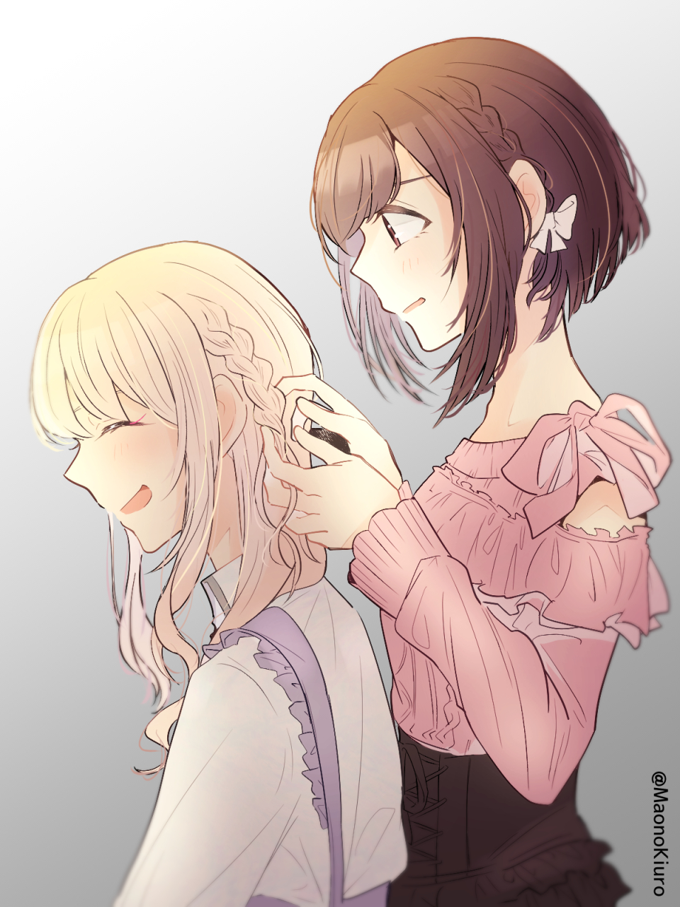 1girl 1other akiyama_mizuki bare_shoulders black_skirt blonde_hair blue_skirt blunt_bangs bow braid braiding_hair brown_eyes brown_hair clothing_cutout collared_shirt commentary_request cowboy_shot cross-laced_clothes cross-laced_skirt eyelashes frilled_skirt frilled_suspenders frills gradient_background grey_background hair_bow hair_over_shoulder hairdressing happy high-waist_skirt high_collar highres long_hair long_sleeves maonokiuro open_mouth pink_ribbon pink_shirt pointy_nose project_sekai ribbon shinonome_ena shirt short_hair shoulder_cutout side_braid sidelocks single_braid skirt smile suspender_skirt suspenders twitter_username upper_body wavy_hair white_bow white_shirt