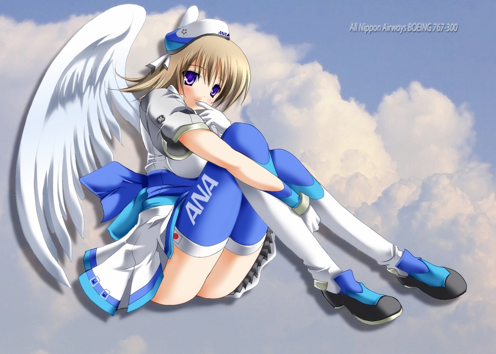 1girl 2000s_(style) all_nippon_airways archived_source ashita_yaru black_ribbon black_shoes blue_gloves blue_hat blue_sash blue_shoes blue_thighhighs boeing_767 breasts closed_mouth cloud drop_shadow feathered_wings finger_to_mouth full_body gloves hand_up hat hat_ribbon japanese_flag large_breasts light_brown_hair medium_hair miniskirt multicolored_shoes original personification pleated_skirt purple_eyes ribbon sash shirt shoes short_sleeves sitting skirt smile solo thighhighs two-tone_gloves two-tone_headwear two-tone_legwear two-tone_ribbon two-tone_shoes two-tone_thighhighs white_gloves white_hat white_ribbon white_shirt white_skirt white_thighhighs white_wings wings