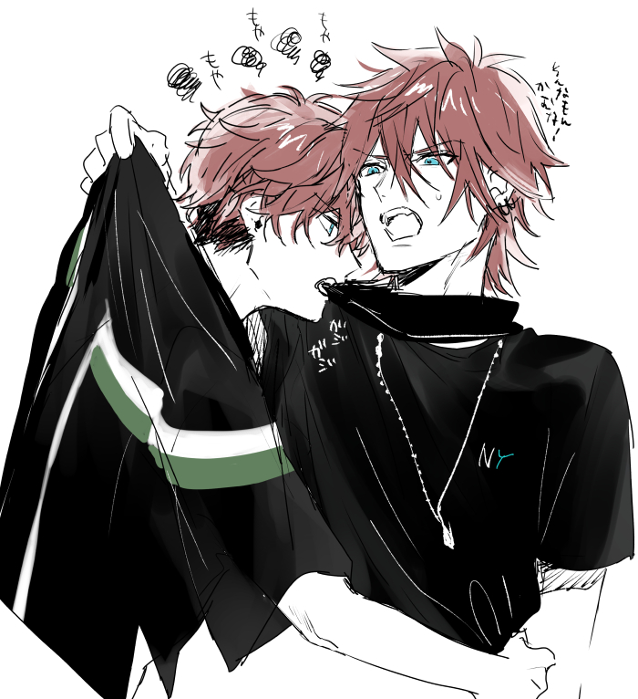 2boys amagi_hiiro amagi_rinne arm_around_shoulder black_shirt blue_eyes brothers clothes_grab clothes_lift earrings ensemble_stars! hair_between_eyes hug jewelry looking_at_another male_focus multiple_boys nakayama_miyuki necklace open_mouth red_hair shirt shirt_grab short_hair short_sleeves siblings simple_background t-shirt upper_body white_background yaoi