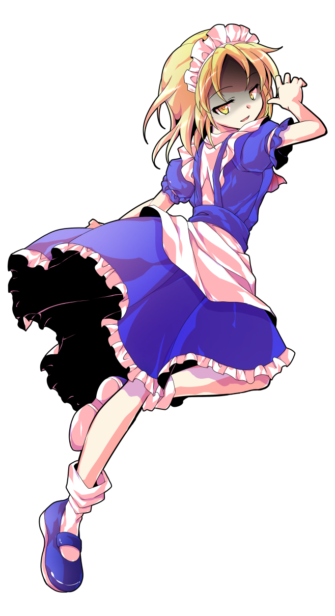 1girl alphes_(style) apron arm_at_side ascot bare_arms blonde_hair blue_shoes bobby_socks closed_mouth commentary_request dairi dress frilled_dress frills full_body highres large_variant_set maid maid_headdress mary_janes mugetsu_(touhou) parody puffy_short_sleeves puffy_sleeves red_ascot shaded_face shoes short_hair short_sleeves socks solo style_parody touhou touhou_(pc-98) transparent_background variant_set waist_apron white_apron white_socks yellow_eyes