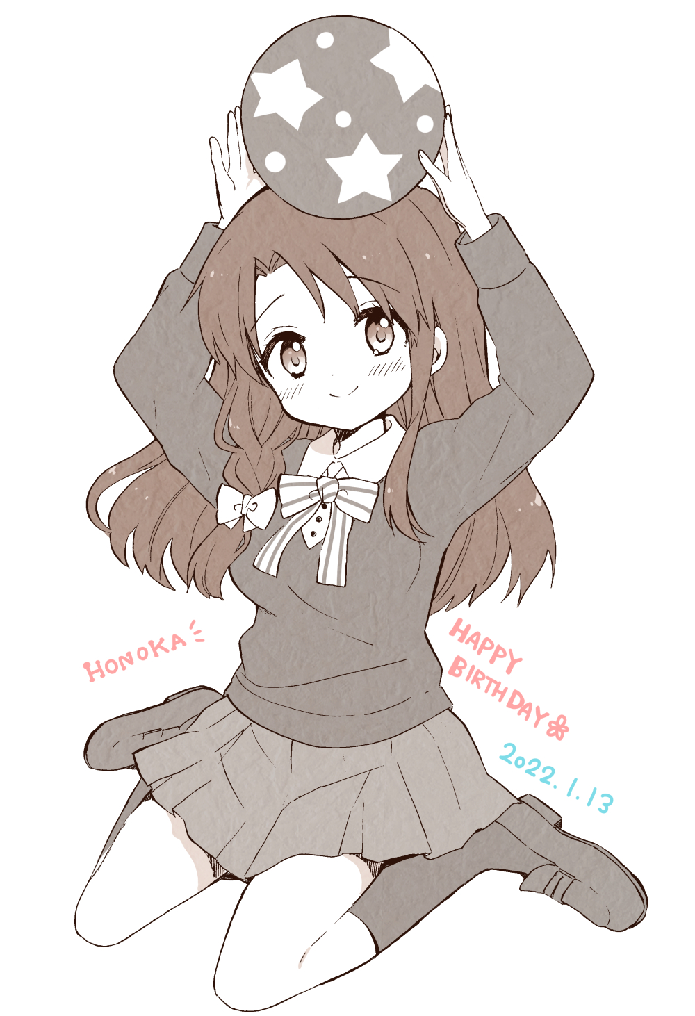 1girl arms_up ball blush bow breasts brown_eyes brown_footwear brown_hair brown_legwear brown_sweater brown_theme character_name closed_mouth commentary dated english_text flower full_body hair_intakes happy_birthday hara_yui highres holding holding_ball kin-iro_mosaic looking_at_viewer matsubara_honoka medium_breasts official_art on_head open_hands pleated_skirt romaji_text school_uniform sitting sketch skirt smile solo sweater tareme wariza white_background