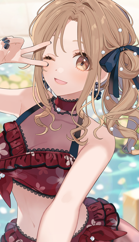 1girl bare_shoulders bikini blue_nails blue_ribbon blurry blurry_background blush bow bow_bikini breasts brown_eyes brown_hair chiri_(ch!) choker cleavage collarbone dot_nose floral_print floral_print_bikini frilled_bikini frills hair_bow hair_bun hair_ribbon halterneck hand_up ichikawa_hinana idolmaster idolmaster_shiny_colors lace lace-trimmed_bikini lace-trimmed_choker lace_trim large_breasts long_hair looking_at_viewer nail_polish navel one_eye_closed open_mouth parted_bangs petals petals_on_liquid print_bikini red_bikini red_bow red_choker ribbon see-through_cleavage see-through_clothes single_hair_bun single_side_bun smile solo swimsuit upper_body v water