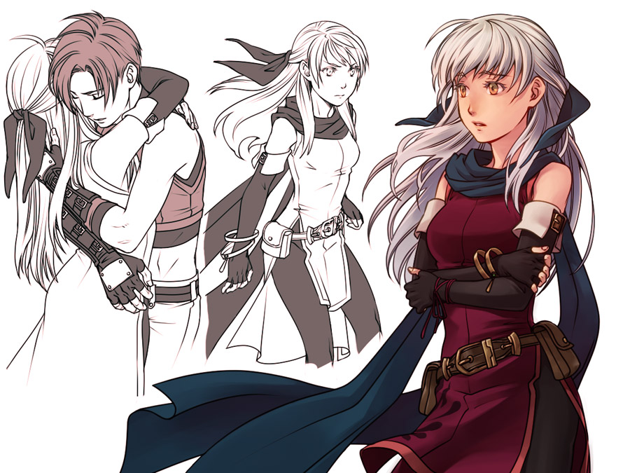1boy 1girl bare_shoulders black_gloves black_pantyhose blue_scarf crossed_arms dress elbow_gloves fingerless_gloves fire_emblem fire_emblem:_radiant_dawn gloves hair_ribbon half_updo hetero hug kobashi_(hodohodo) long_hair micaiah_(fire_emblem) multiple_views nintendo pantyhose partially_colored ribbon scarf side_slit silver_hair simple_background sleeveless sleeveless_dress solo_focus sothe_(fire_emblem) white_background yellow_eyes