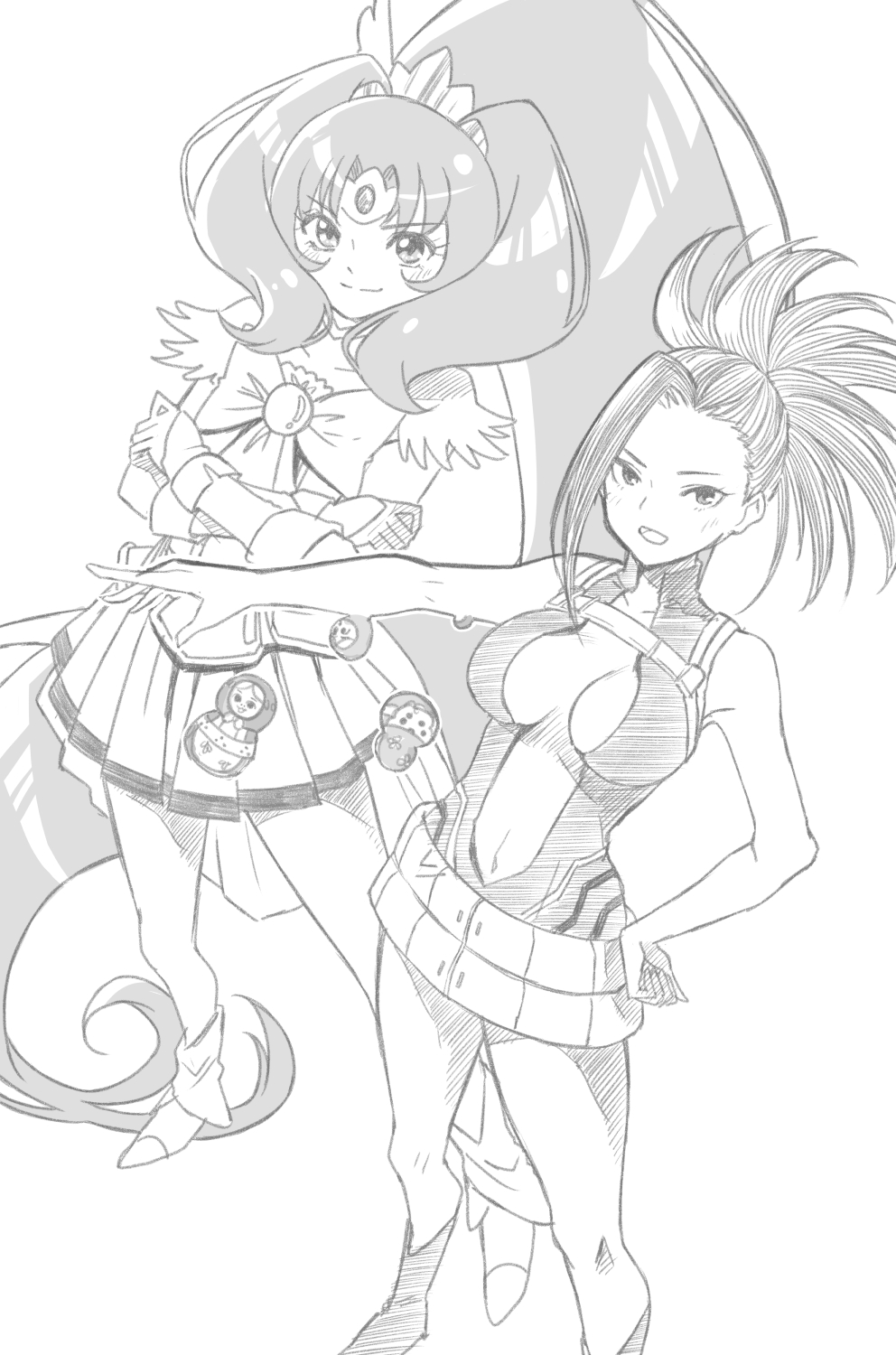 2girls absurdly_long_hair belt boku_no_hero_academia boots bow breasts choker cleavage commentary_request crossover cure_march eyelashes greyscale hair_ornament happy highres jj_(ssspulse) large_breasts long_hair looking_at_viewer magical_girl midorikawa_nao monochrome multiple_girls ponytail precure simple_background sketch skirt smile smile_precure! standing tri_tails very_long_hair white_background wrist_cuffs yaoyorozu_momo