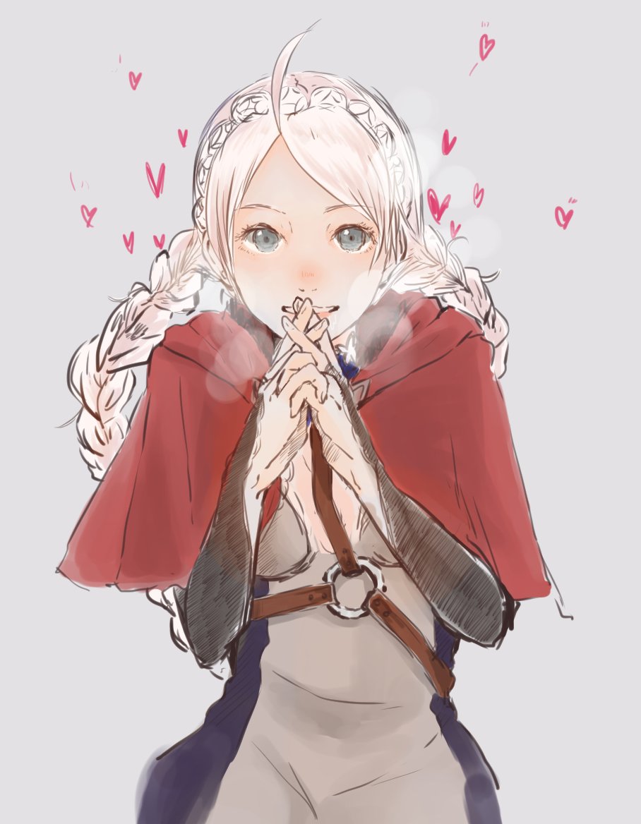 1girl ahoge black_bridal_gauntlets braid bridal_gauntlets capelet facing_viewer fire_emblem fire_emblem_fates francisco_mon fujoshi harness heart hood hooded_capelet long_hair looking_at_viewer low_twin_braids nina_(fire_emblem) nintendo o-ring o-ring_harness own_hands_together parted_bangs red_capelet red_hood smile solo teeth twin_braids upper_body upper_teeth_only white_hair