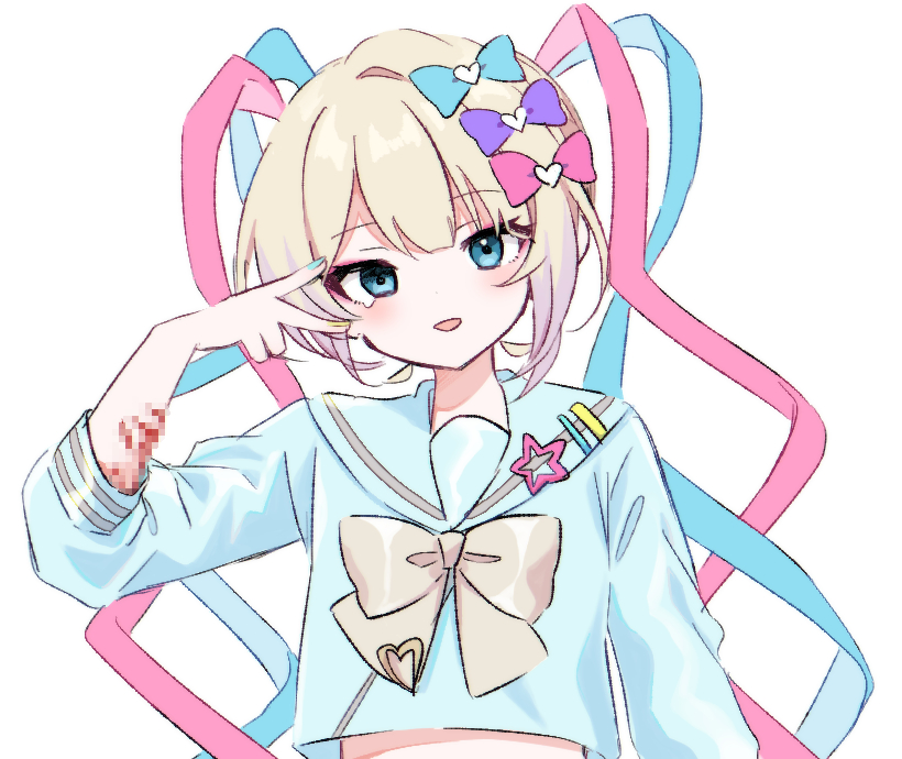 1girl blonde_hair blue_bow blue_eyes blue_hair bow censored chouzetsusaikawa_tenshi-chan commentary_request cuts empty_eyes hair_bow hand_up heart injury kabe_(zp66104) long_hair long_sleeves looking_at_viewer mosaic_censoring multicolored_hair multiple_hair_bows nail_polish needy_girl_overdose open_mouth pink_bow pink_hair purple_bow quad_tails sailor_collar scar scar_on_arm self-harm self-harm_scar simple_background smile solo tears upper_body v v_over_eye white_background wrist_cutting yellow_bow