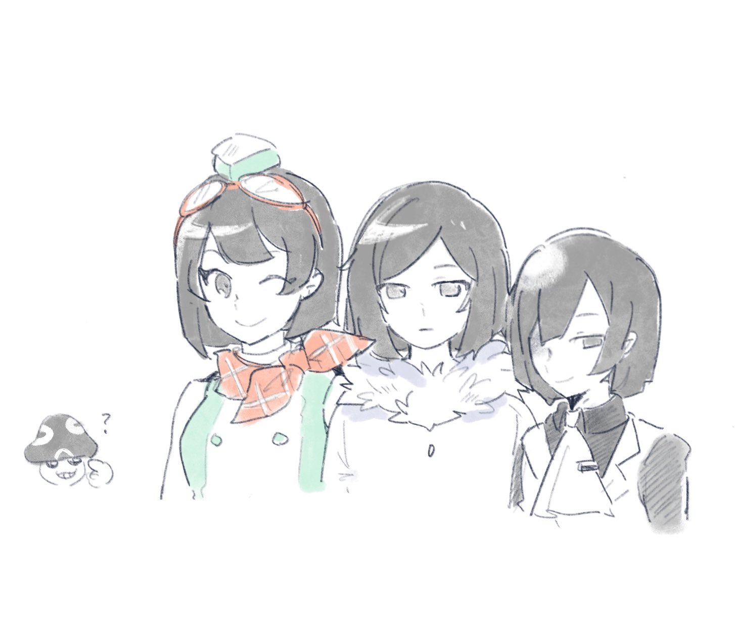 1girl 2boys bare_shoulders black_eyes black_hair coat digimon digimon_(creature) digimon_story:_cyber_sleuth digimon_story:_time_stranger digimon_world_re:digitize dress goggles green_dress green_hat group_picture hat highres in-franchise_crossover kamishiro_yuugo kuga_yuuya multiple_boys mushmon one_eye_closed simple_background sleeveless sleeveless_dress smile trait_connection upper_body white_background white_coat white_dress ybhk77 yuuki_kanan yuuki_kanan