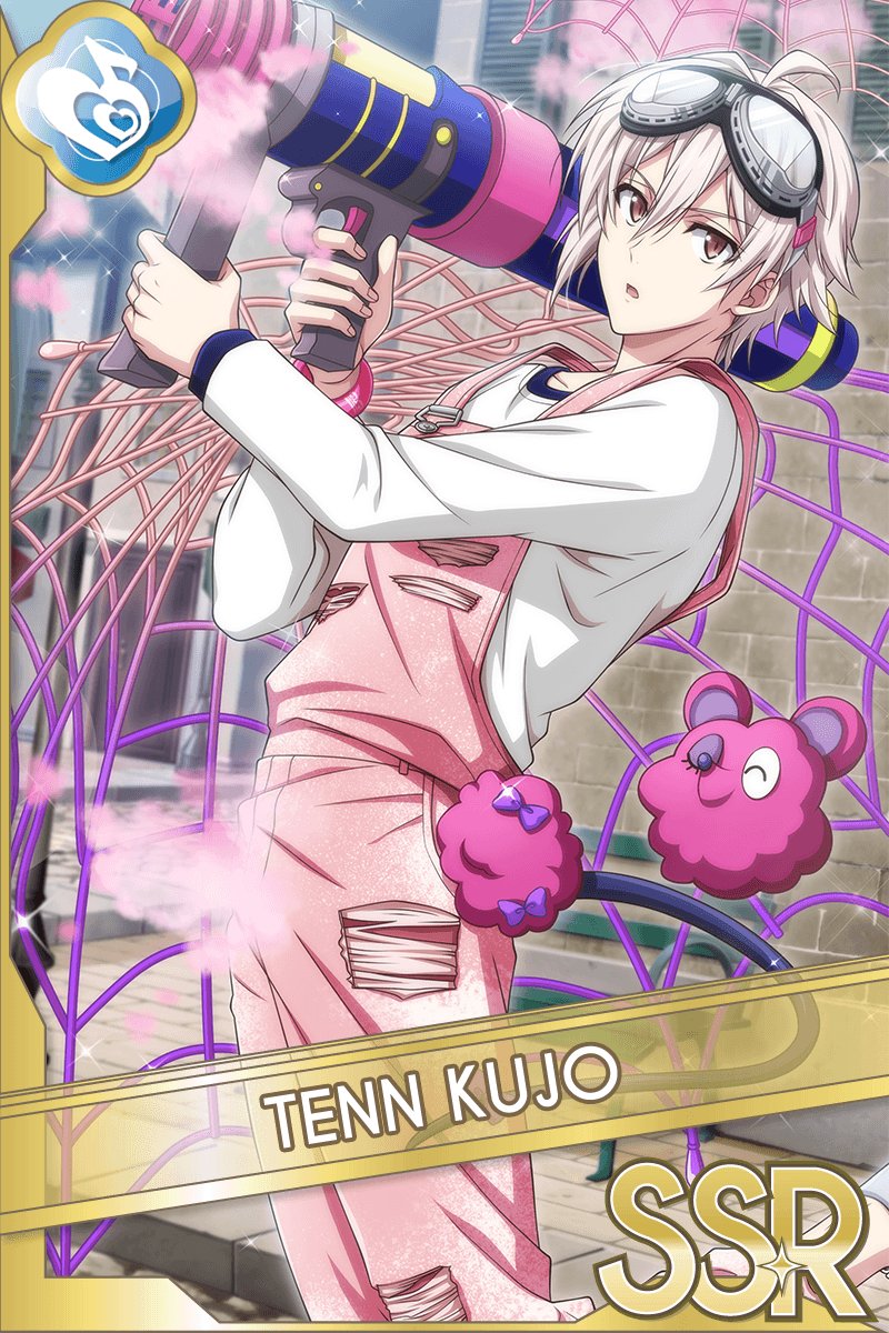 1boy ahoge artist_request bench black-framed_eyewear building card_(medium) character_name commentary_request day feet_out_of_frame firing goggles goggles_on_head grey_hair hair_between_eyes highres holding_cannon idolish7 kujou_tenn light_particles long_sleeves male_focus monster official_art open_mouth outdoors over_shoulder overalls pink_eyes pink_overalls pocket pointy_nose second-party_source shirt short_hair_with_long_locks sidewalk silk single_sidelock solo spider_web standing weapon weapon_over_shoulder white_shirt
