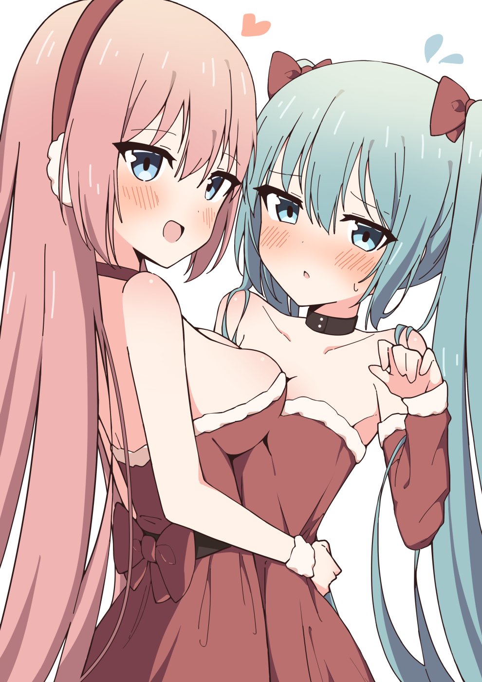 2girls aqua_eyes aqua_hair arms_around_waist blue_eyes blush bow breast_press breasts christmas collar dress giryu hatsune_miku highres hug long_hair megurine_luka multiple_girls pink_hair red_bow red_dress twintails vocaloid white_background yuri