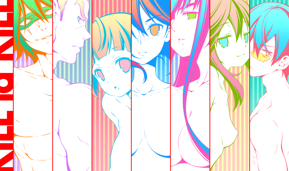 3boys 4girls blindfold blue_eyes blue_hair breasts brown_eyes brown_hair copyright_name gamagoori_ira green_eyes green_hair inumuta_houka jakuzure_nonon kill_la_kill kiryuuin_satsuki large_breasts mankanshoku_mako march-bunny matoi_ryuuko medium_breasts multiple_boys multiple_girls nipples nude pink_hair sanageyama_uzu small_breasts