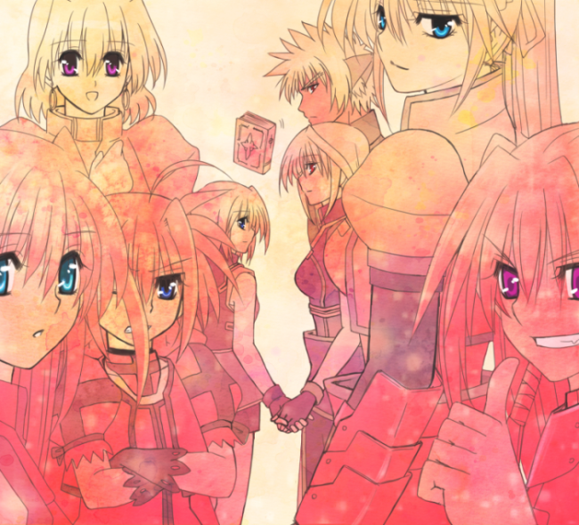 00s 1boy 6+girls agito agito_(nanoha) ahoge animal_ears armor blue_eyes book crossed_arms fingerless_gloves gloves grin holding_hands leoheart long_hair lyrical_nanoha magical_boy magical_girl mahou_shoujo_lyrical_nanoha_strikers monochrome multiple_girls open_mouth puffy_sleeves purple_eyes red_eyes reinforce reinforce_zwei shamal short_hair short_sleeves signum smile spiked_hair thumbs_up tome_of_the_night_sky vita_(nanoha) wolf_ears yagami_hayate zafira