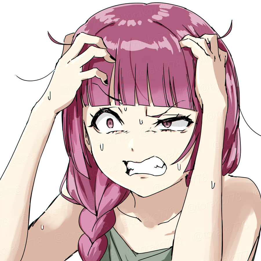 1girl angry bare_shoulders black_nails braid braided_ponytail clenched_teeth collarbone dress green_dress hair_over_shoulder headache hiroi_kikuri open_mouth purple_eyes purple_hair raised_eyebrow sharp_teeth sweat teeth torako_(toramaru)