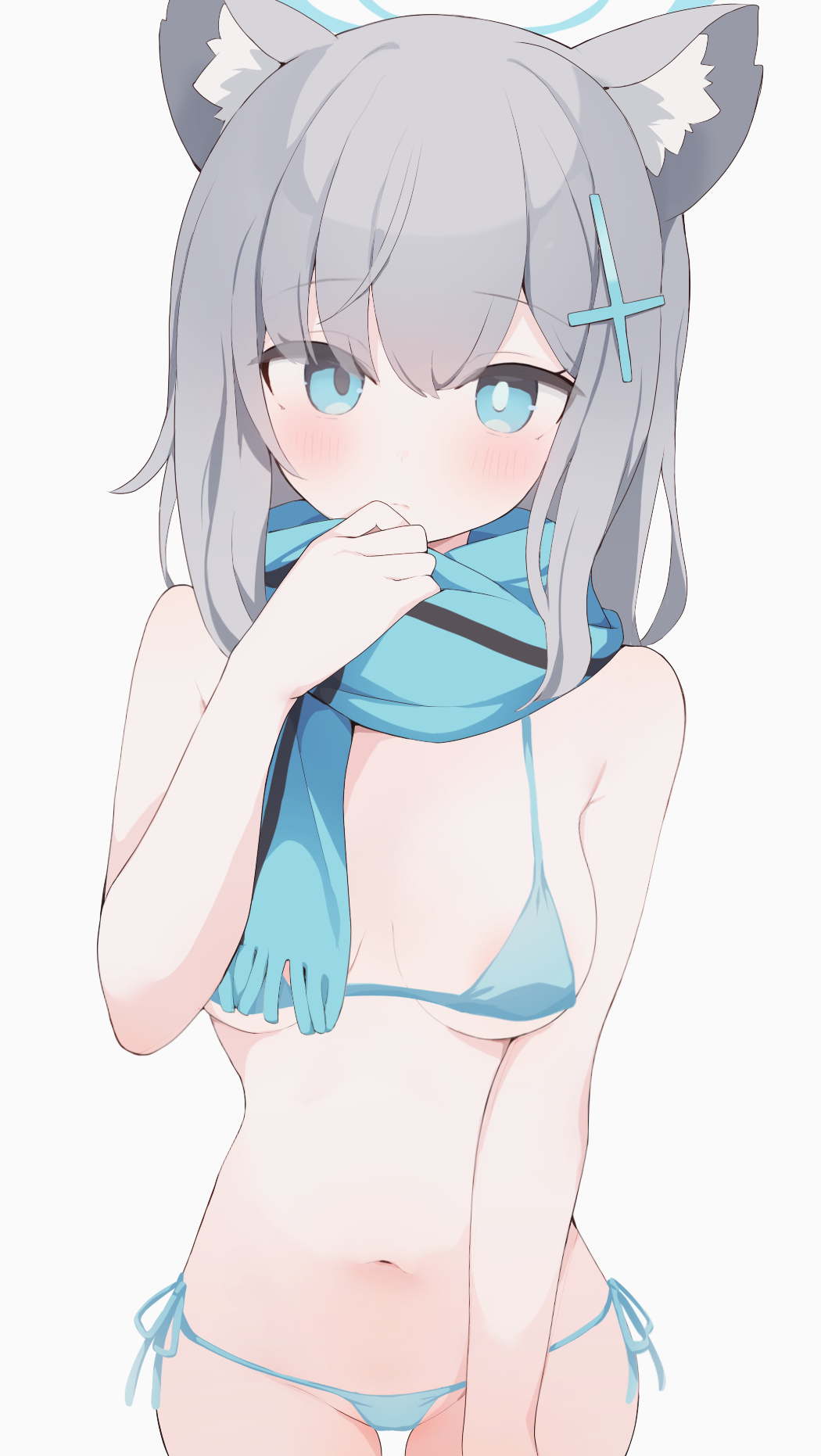1girl animal_ear_fluff animal_ears areola_slip bikini blue_archive blue_bikini blue_eyes blue_halo blue_scarf blush breasts bright_pupils closed_mouth cowboy_shot cross cross_hair_ornament grey_hair hair_ornament halo hand_up highres hone_kawa inverted_cross looking_at_viewer medium_breasts medium_hair micro_bikini mismatched_pupils navel revision scarf shiroko_(blue_archive) side-tie_bikini_bottom simple_background solo string_bikini swimsuit variant_set white_background white_pupils wolf_ears wolf_girl
