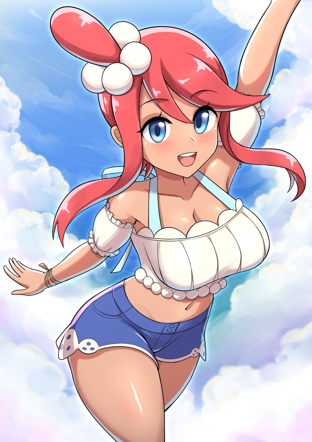 1girl blue_eyes blue_shorts blush bracelet breasts canadiananiguy cleavage cloud collarbone dark-skinned_female dark_skin denim denim_shorts detached_sleeves hair_bun highres jewelry large_breasts looking_at_viewer midriff navel nintendo official_alternate_costume open_mouth pokemon pokemon_masters_ex red_hair shirt short_sleeves shorts side_bun sidelocks sky skyla_(pokemon) skyla_(summer_2025)_(pokemon) sleeveless sleeveless_shirt smile solo standing teeth waving white_shirt