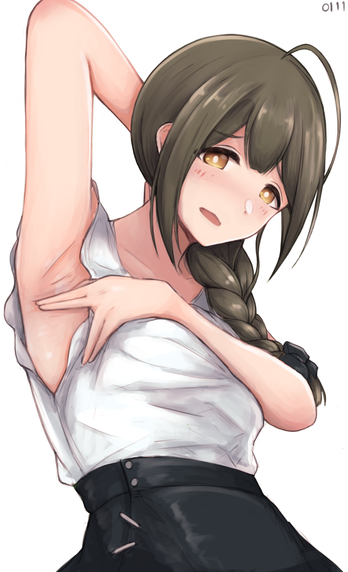 1girl ahoge arm_up armpits blush braid braided_ponytail brown_hair collarbone huge_ahoge idolmaster idolmaster_shiny_colors koitusmile kuwayama_chiyuki looking_at_viewer presenting_armpit shirt side_ponytail simple_background solo white_background white_shirt
