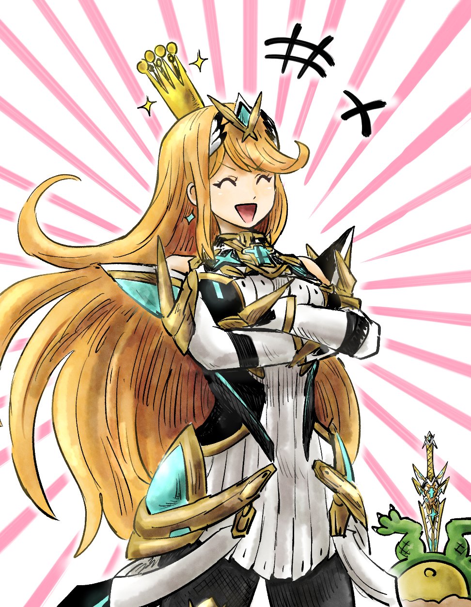 1boy 1girl aegis_sword_(xenoblade) black_pantyhose blonde_hair closed_eyes cowboy_shot crossed_arms crown donkey_kong_(series) highres kicdon king_k._rool long_hair mythra_(massive_melee)_(xenoblade) mythra_(xenoblade) nintendo open_mouth pantyhose smile solo_focus sparkle super_smash_bros. v-shaped_eyebrows very_long_hair xenoblade_chronicles_(series) xenoblade_chronicles_2