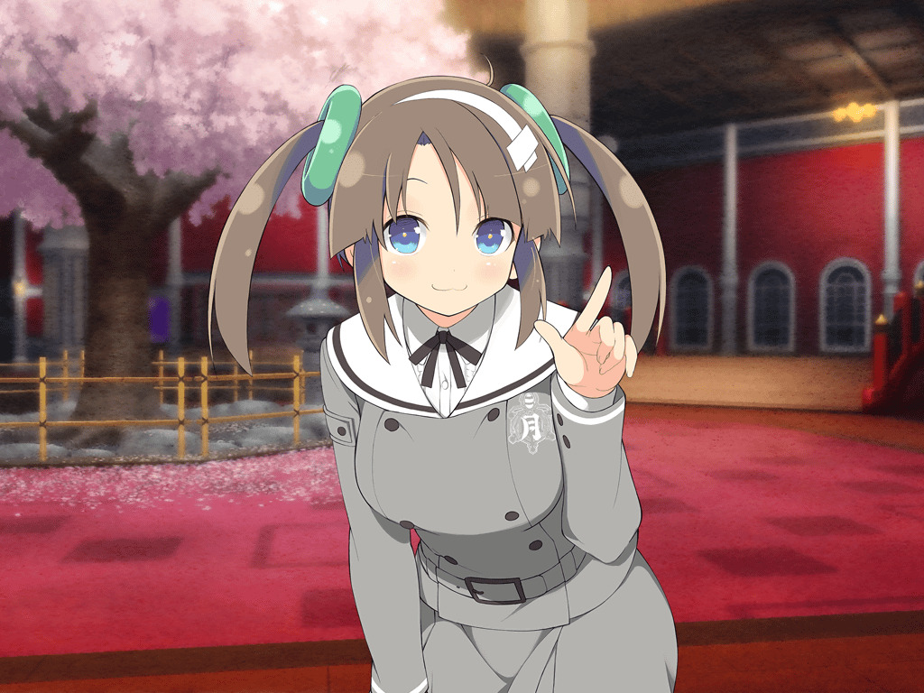 1girl :3 architecture black_ribbon blue_eyes blush breasts bridge brown_hair buttons cherry_blossoms cherry_tree closed_mouth cowboy_shot double-breasted east_asian_architecture fence gessen_academy_school_uniform grey_shirt grey_skirt hair_ornament hairband hand_on_own_knee indoors large_breasts leaning_forward long_sleeves looking_at_viewer minori_(senran_kagura) official_art red_carpet ribbon ring_hair_ornament rock school school_emblem school_uniform senran_kagura senran_kagura_new_link senran_kagura_shinovi_versus shirt sidelocks skirt smile solo stone_lantern twintails upper_body white_hairband window yaegashi_nan