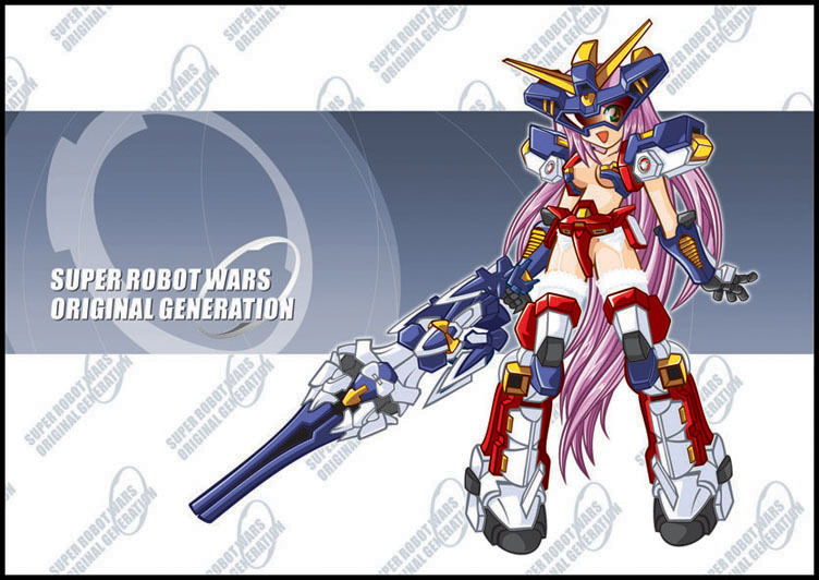1girl armor armored_boots banpresto blue_background bodysuit boots female_focus full_body huge_weapon letterboxed machinery mecha_musume pauldrons pigeon-toed r-gun shoulder_armor simple_background solo srx standing super_robot_wars text_focus thigh_boots thighhighs weapon