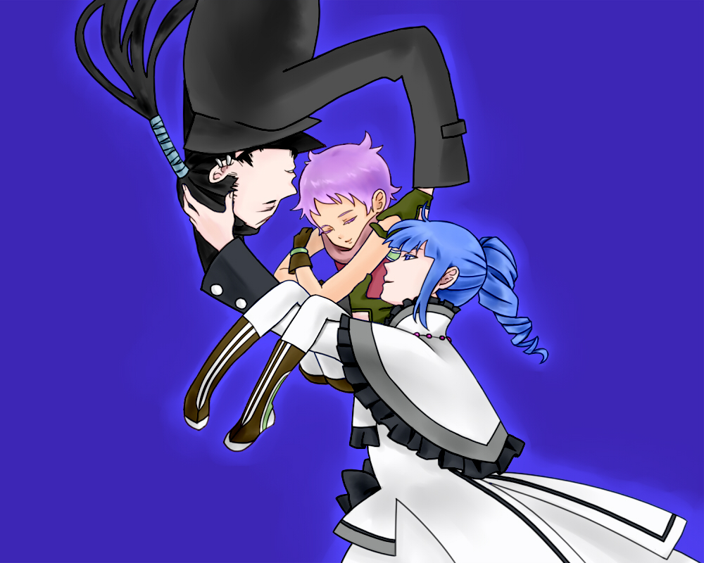 1boy 2girls ange_serena beard black_hair blue_background blue_eyes blue_hair boots capelet coat dress closed_eyes facial_hair frills gloves hermana_larmo jewelry long_hair multiple_girls open_mouth pantyhose ponytail purple_hair ribbon ricardo_soldato scar short_hair shorts smile tales_of_(series) tales_of_innocence