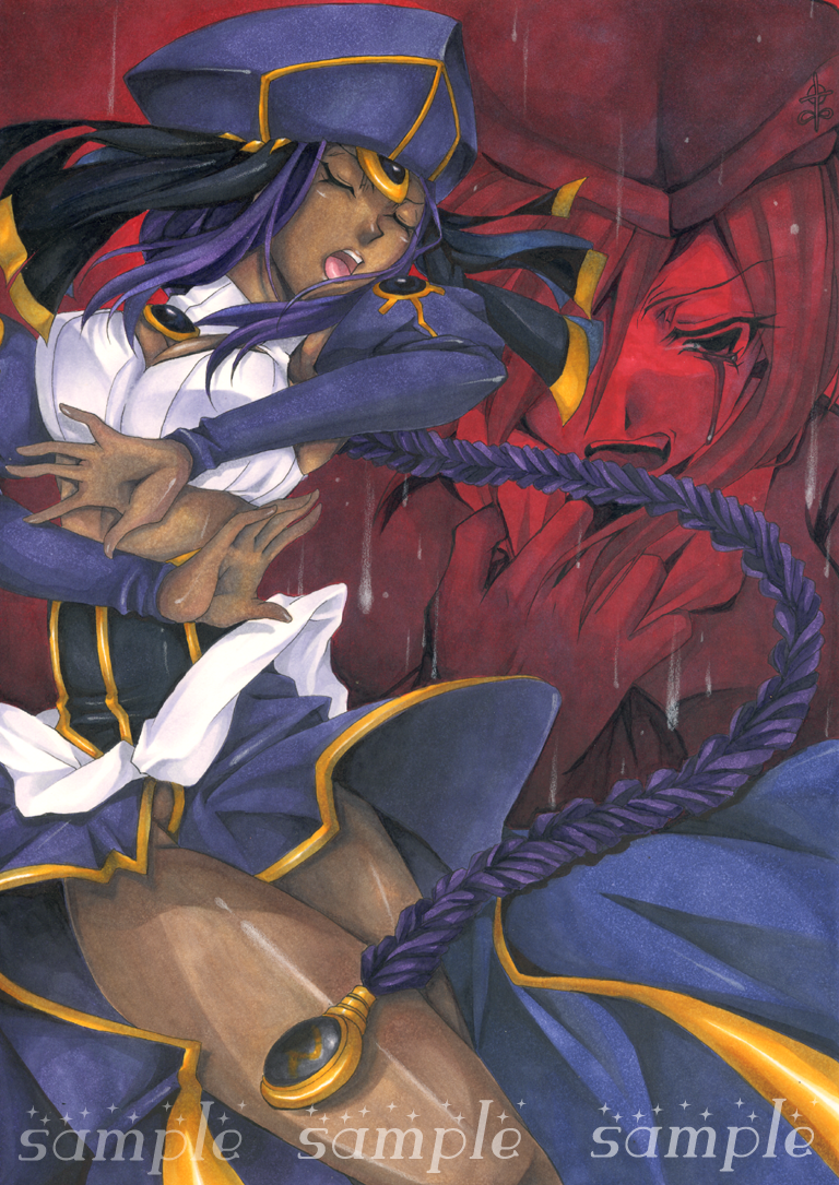 1girl ancient_egyptian_clothes braid braided_ponytail breasts cleavage crying dark-skinned_female dark_persona dark_skin detached_sleeves dust_of_osiris hat jewelry long_hair melty_blood midriff miton_(caramel_choco) ponytail purple_hair purple_hat sion_eltnam_(type-moon) sion_eltnam_atlasia thighs tsukihime