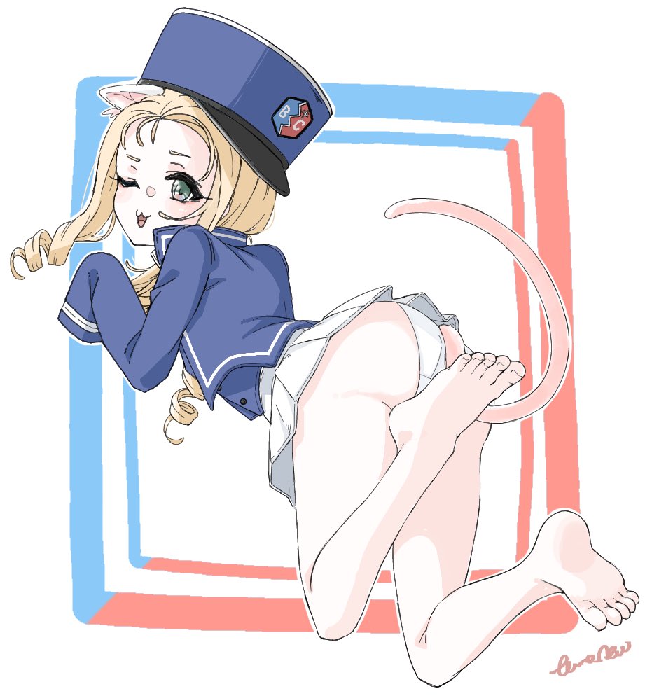 1girl animal_ears barefoot bc_freedom_military_uniform blonde_hair blue_jacket cat_ears cat_tail commentary_request drill_hair girls_und_panzer green_eyes hat jacket long_hair long_sleeves marie_(girls_und_panzer) military_hat military_uniform miniskirt open_mouth panties pantyshot simple_background skirt smile solo tail tarou.new underwear vest white_background