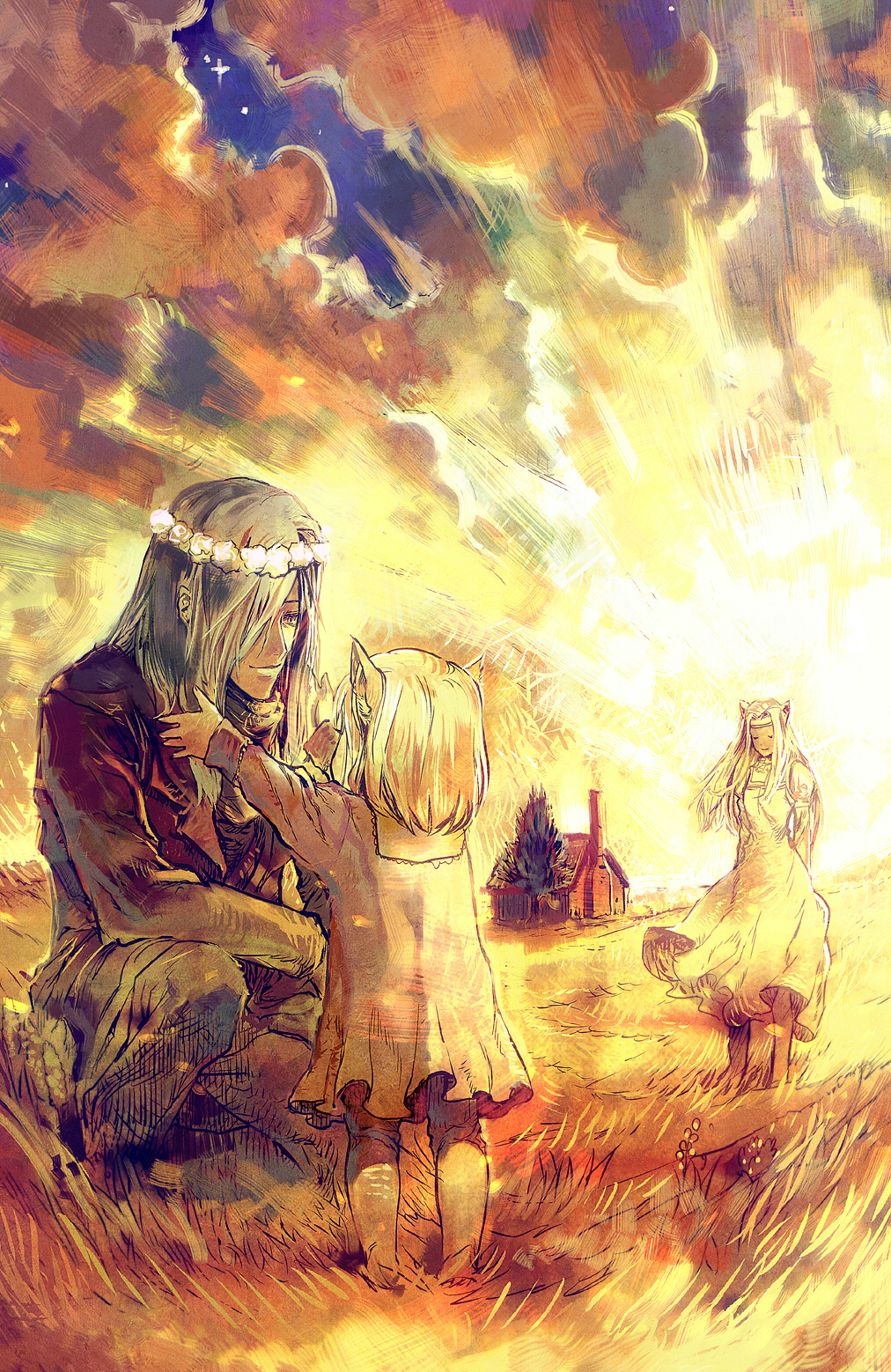 00s animal_ears blonde_hair child dress closed_eyes family head_wreath highres long_hair memusu nagimiso short_hair smile sunset tengen_toppa_gurren_lagann tsuuma viral_(ttgl)
