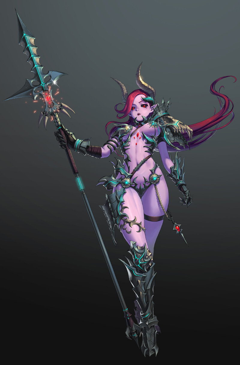 1girl animal_skull arm_at_side armlet armor armored_boots bad_id bad_pixiv_id bikini_armor black_sclera boots breasts colored_sclera colored_skin eyelashes fantasy faulds female_focus floating_hair from_below full_body gauntlets gem glowing glowing_weapon gradient_background grey_background highres holding holding_weapon horns jewelry kws long_hair navel original pauldrons polearm purple_skin red_eyes red_hair revealing_clothes shoulder_armor simple_background snake snake_armband solo spikes stomach thigh_strap underboob weapon