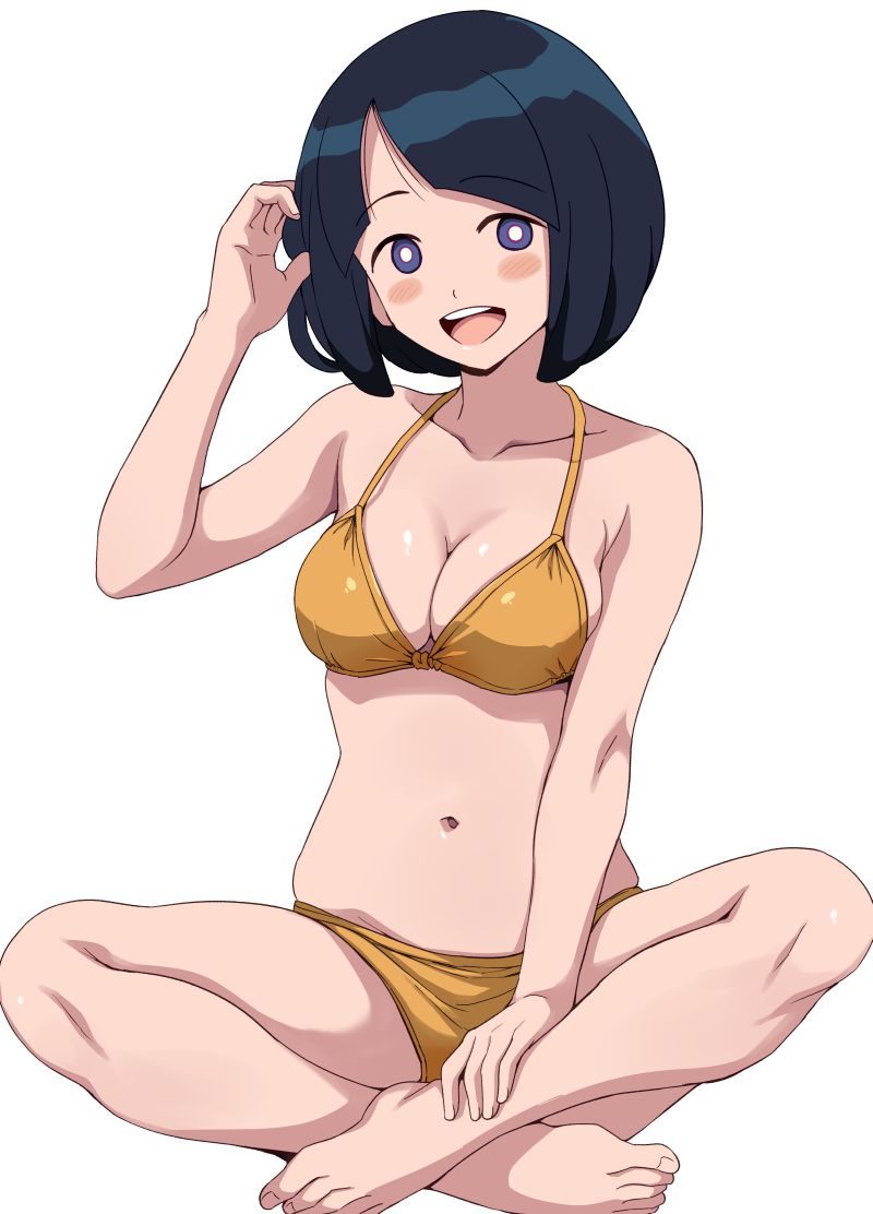 1girl bikini black_hair blush bob_cut breasts bright_pupils cleavage gundam gundam_gquuuuuux hand_in_own_hair indian_style mature_female medium_breasts navel open_mouth ponzu_rui purple_eyes shiiko_sugai short_hair sitting smile solo swimsuit white_background white_pupils yellow_bikini