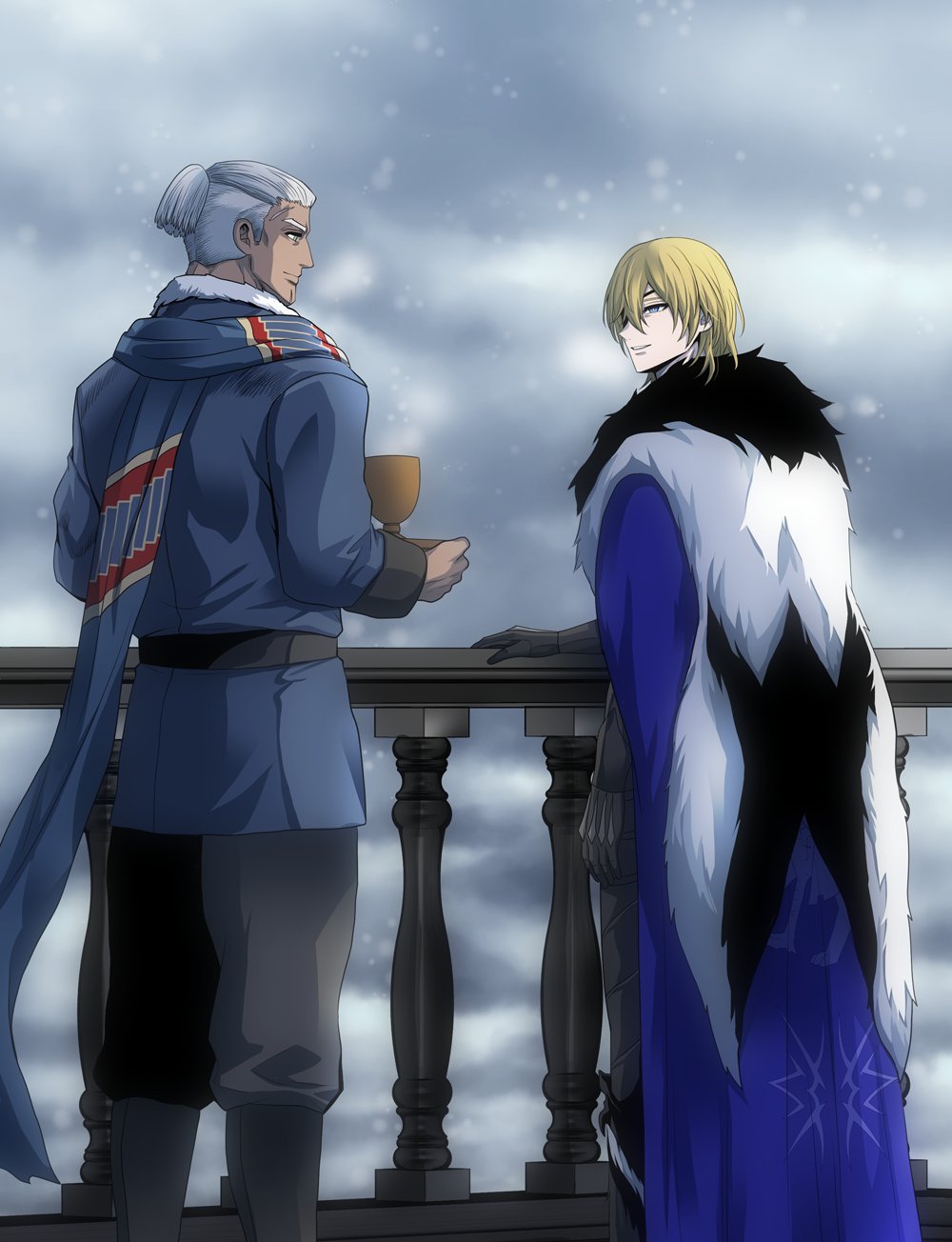 2boys armor belt black_armor black_belt black_fur black_pants blonde_hair blue_cape blue_coat blue_eyes blue_scarf boots cape chalice cloud cloudy_sky coat commentary_request crest cup dark-skinned_male dark_skin dedue_molinaro dedue_molinaro_(timeskip) dimitri_alexandre_blaiddyd dimitri_alexandre_blaiddyd_(timeskip) eye_contact eyepatch family_crest fire_emblem fire_emblem:_three_houses fur-trimmed_cape fur-trimmed_collar fur_trim gauntlets green_eyes hair_behind_ear hand_rest highres holding holding_plate long_sleeves looking_at_another male_focus megubiru multiple_boys multiple_scars nintendo one_eye_covered outdoors pants parted_lips plate ponytail railing scar scar_on_chin scar_on_face scar_on_forehead scarf short_ponytail sky sleeve_cuffs smile snowing standing teeth white_fur white_hair