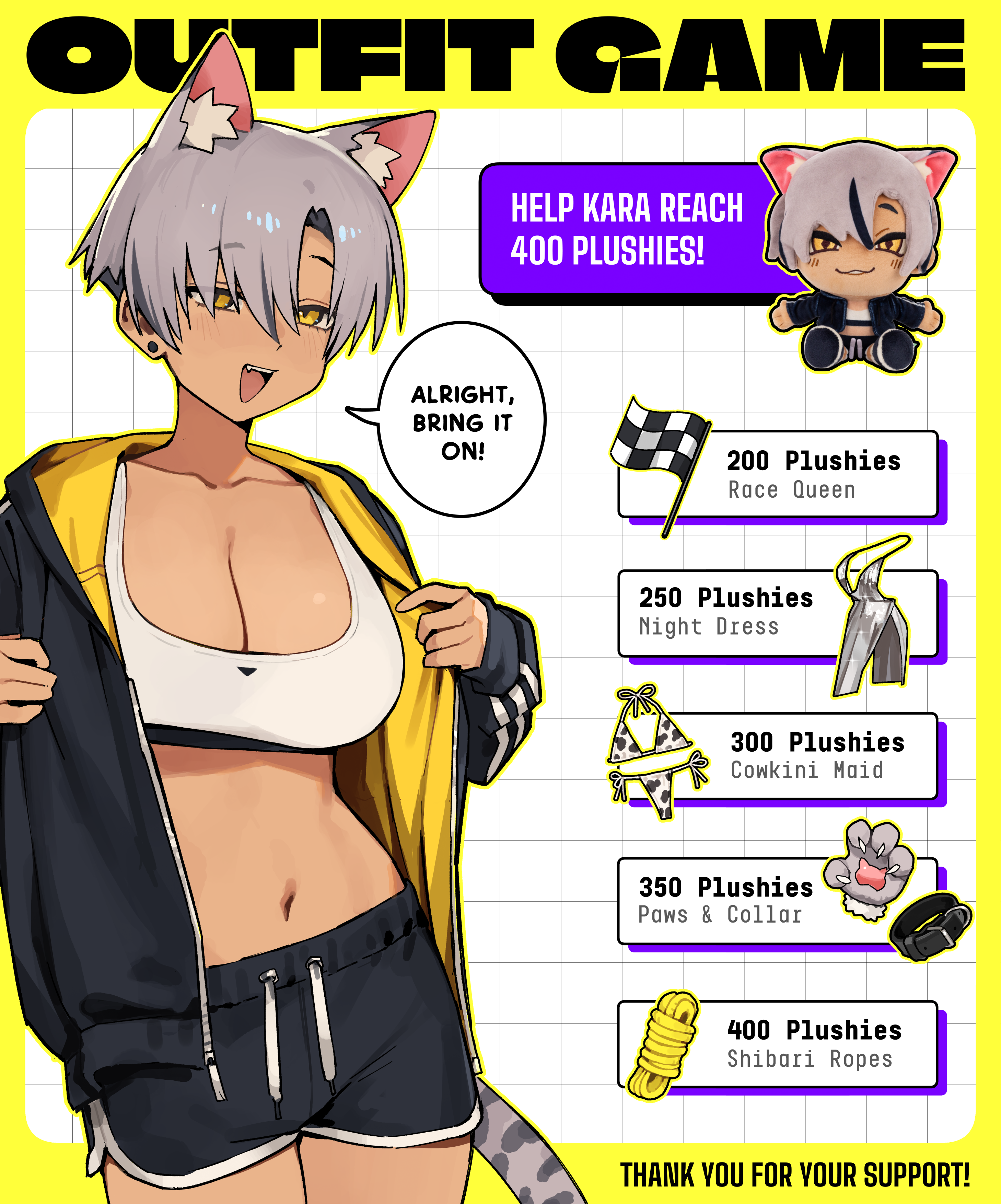 1girl absurdres animal_ears black_jacket black_shorts breasts cat_ears cat_girl cat_tail cleavage dark-skinned_female dark_skin ear_piercing english_text fang grey_hair highres jacket kara_(vertigris) large_breasts long_sleeves looking_at_viewer navel open_mouth original piercing short_hair shorts smile solo sports_bra tail vertigris white_sports_bra yellow_eyes