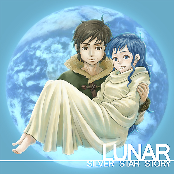 1boy 1girl alex_noah bad_id bad_pixiv_id blanket blue_hair brown_hair carrying feet luna_noah lunar lunar:_the_silver_star planet princess_carry
