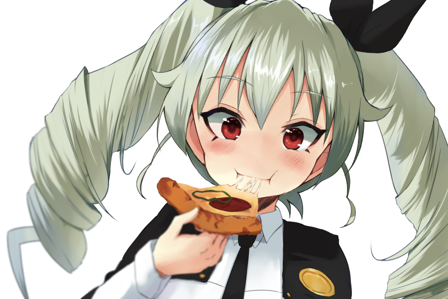 10s 1girl anchovy_(girls_und_panzer) brown_eyes cape drill_hair eating female_focus food girls_und_panzer green_hair hair_ribbon long_hair long_sleeves necktie pizza pizza_slice ribbon school_uniform shirt smile solo tsuru_(tsubasa1993621) twin_drills twintails