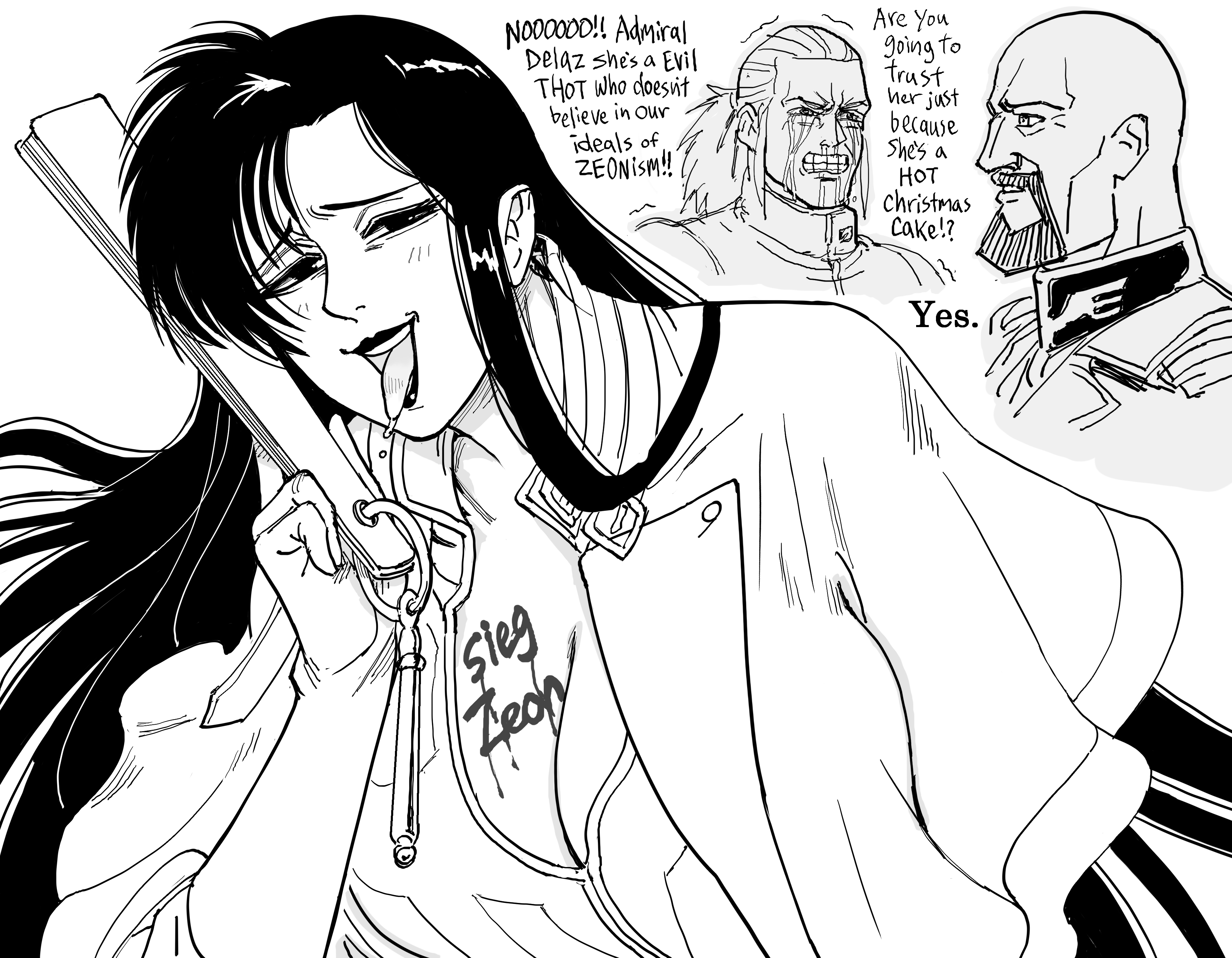 1girl 2boys absurdres aiguille_delaz anavel_gato bald bb_(baalbuddy) breasts capelet cima_garahau cleavage commentary crying crying_with_eyes_open english_commentary english_text facial_hair floating_hair folding_fan goatee greyscale gundam gundam_0083 hair_behind_ear hand_fan highres holding holding_fan large_breasts long_hair looking_at_viewer meme monochrome multiple_boys pilot_suit ponytail saliva smile solo_focus tears tongue tongue_out v-shaped_eyebrows yes_chad_(meme) zeon