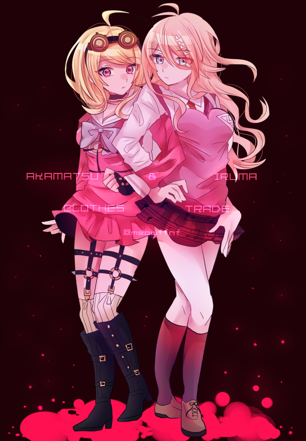 2girls ahoge akamatsu_kaede akamatsu_kaede_(cosplay) antenna_hair belt blonde_hair blue_eyes boots breasts character_name choker collared_shirt commentary_request cosplay costume_switch crest danganronpa_(series) danganronpa_v3:_killing_harmony dark_background fingerless_gloves fortissimo full_body gloves goggles goggles_on_head hair_between_eyes hair_ornament high_heel_boots high_heels iruma_miu iruma_miu_(cosplay) kneehighs large_breasts locked_arms long_hair long_sleeves looking_at_viewer multiple_belts multiple_girls musical_note musical_note_hair_ornament necktie nekoshin_kagari o-ring o-ring_belt partial_commentary pink_serafuku pink_shirt pink_sweater_vest pink_vest pleated_skirt purple_eyes school_uniform serafuku shirt skirt socks standing sweater_vest thigh_belt thigh_strap twitter_username vest white_shirt