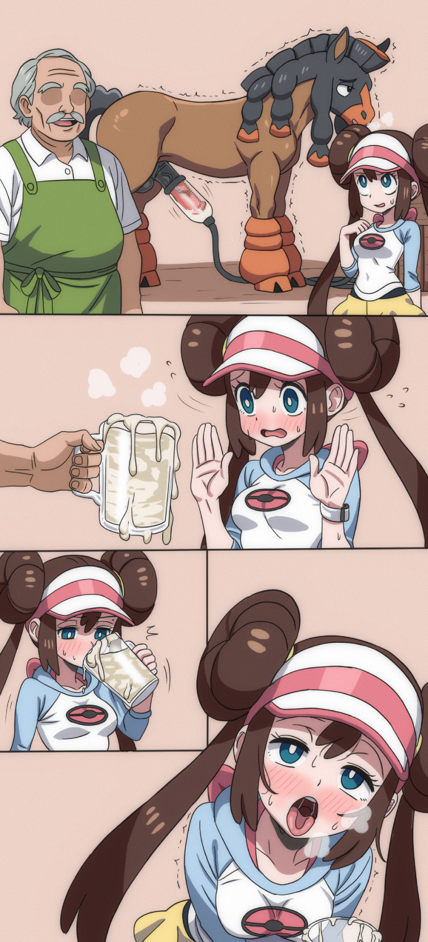 1girl 2boys age_difference ahegao animal_penis blue_eyes blush breasts brown_hair censored comic creatures_(company) cum cup double_bun drinking drinking_glass game_freak gen_7_pokemon gokkun hair_bun highres hippo_power horse horse_penis large_penis long_hair looking_at_viewer milking_machine mosaic_censoring mudsdale multiple_boys nintendo penis poke_ball_print pokemon pokemon_(creature) pokemon_bw2 pokephilia raglan_sleeves rosa_(pokemon) shirt short_shorts shorts sidelocks simple_background small_breasts testicles tongue tongue_out trembling twintails visor_cap yellow_shirt