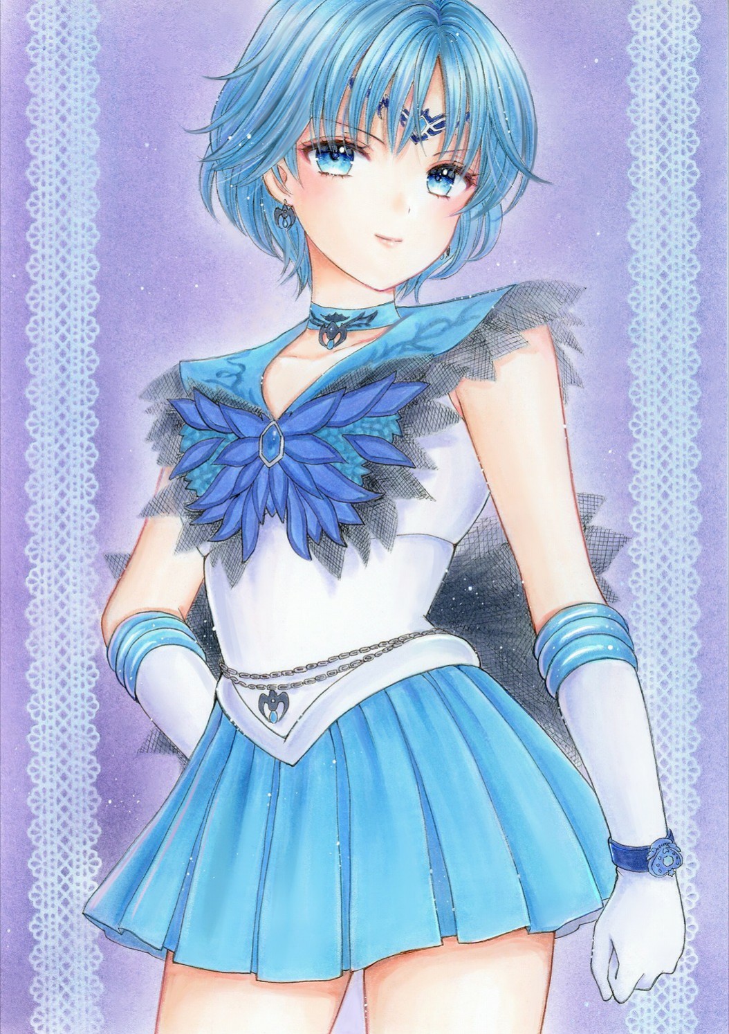 1girl bishoujo_senshi_sailor_moon blue_choker blue_eyes blue_hair blue_sailor_collar blue_skirt brooch choker circlet commission dark_mercury elbow_gloves full_body gloves highres jewelry jewelry_star_bracelet jyan_borii lips looking_at_viewer magical_girl mizuno_ami pleated_skirt pretty_guardian_sailor_moon sailor_collar sailor_mercury sailor_senshi_uniform short_hair skirt smile solo standing traditional_media white_gloves