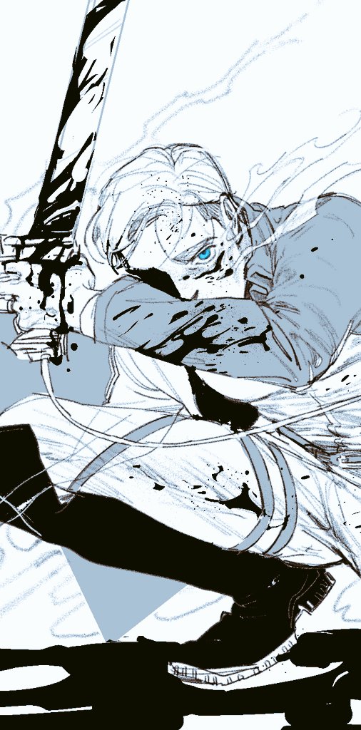 1boy blood blood_on_clothes blood_on_face bloody_weapon blue_eyes boots erwin_smith fri_im greyscale holding holding_weapon jacket long_sleeves looking_at_viewer male_focus monochrome open_clothes open_jacket pants shingeki_no_kyojin shirt short_hair solo spot_color squatting steam thigh_strap three-dimensional_maneuver_gear weapon white_background
