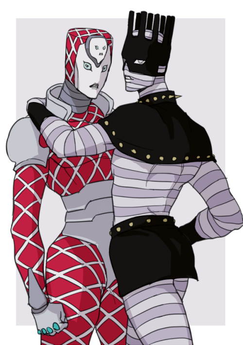 2boys argyle capelet crown grey_background hage_tashuumi jojo_no_kimyou_na_bouken king_crimson_(stand) male_focus mask multiple_boys no_humans shoulder_pads stone_ocean striped vento_aureo whitesnake_(stand)