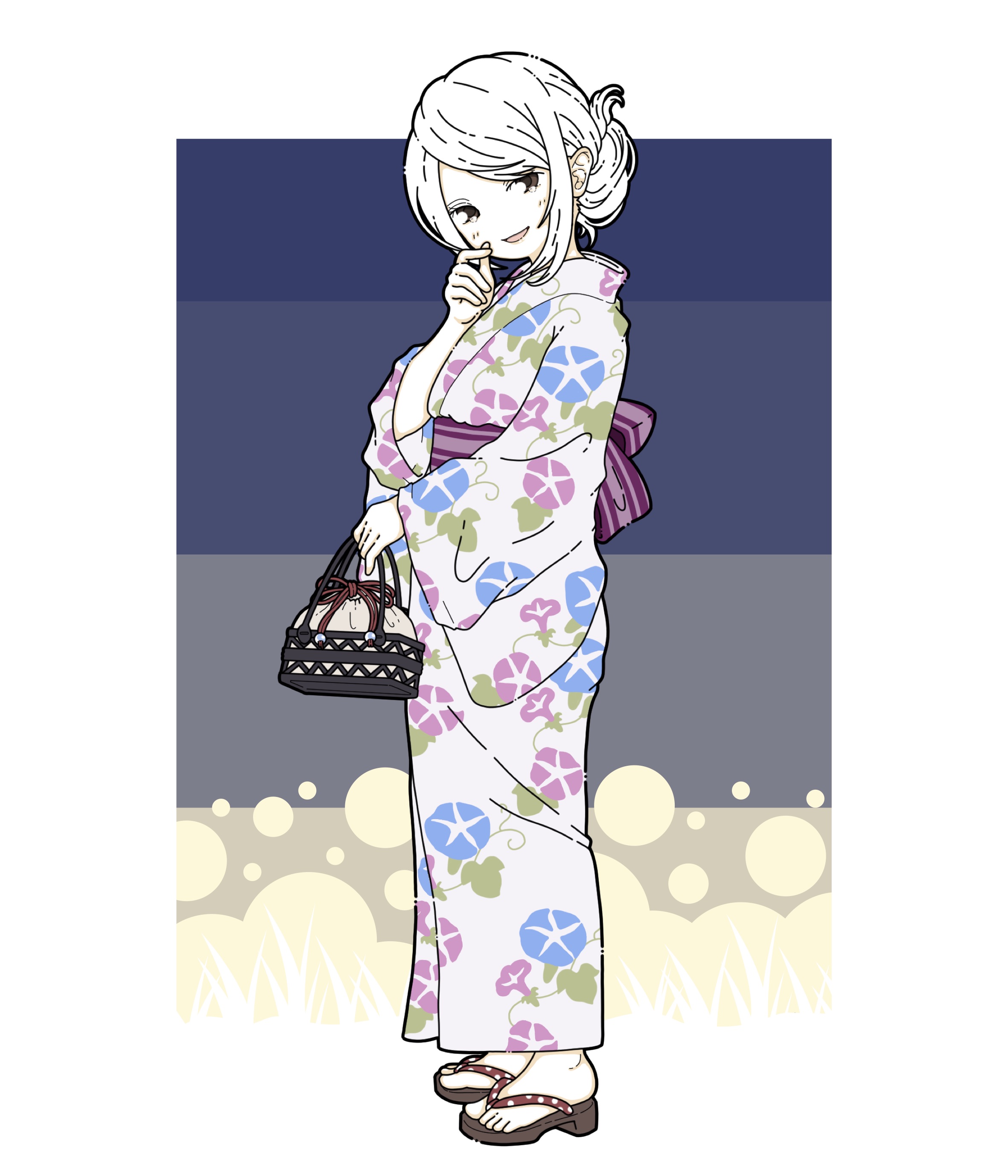 1girl absurdres bag blue_background border floral_print from_side geta gradient_background hair_bun head_tilt highres holding holding_bag japanese_clothes kimono looking_at_viewer morning_glory_print nonnki obi original outside_border sandals sash sidelocks smile white_border yukata