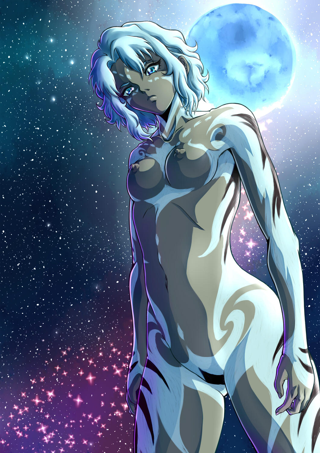 1girl antennae blue_eyes bodypaint breasts completely_nude dark_skin frown full_moon gluteal_fold godzilla:_city_on_the_edge_of_battle godzilla:_planet_of_the_monsters godzilla:_the_planet_eater godzilla_(series) highres houtua kyonne looking_at_viewer maina miana monster_girl moon multicolored_hair night nude polygon_pictures pubic_tattoo pussy sky small_breasts star_(sky) starry_sky tattoo toho tribal tribal_tattoo two-tone_hair uncensored warrior