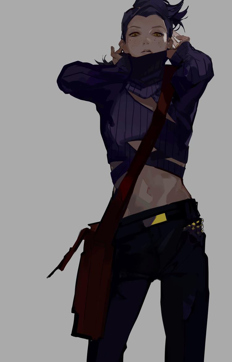 1boy arms_up bag belt black_belt brown_bag clothing_cutout cropped_legs freckles grey_background hands_on_own_face jojo_no_kimyou_na_bouken long_sleeves looking_at_viewer male_focus midriff multi-strapped_shirt nineo pants parted_lips purple_hair purple_pants purple_shirt shirt shoulder_bag simple_background solo straight-on tight_clothes tight_pants turtleneck vento_aureo vinegar_doppio yellow_eyes