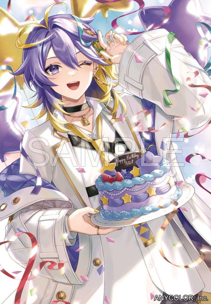 1boy ;d amaichi_esora antenna_hair arm_up aster_arcadia balloon birthday birthday_cake black_choker blonde_hair buttons cake chain chain_earrings choker coat collared_shirt commentary_request company_name confetti earrings eyelashes eyeshadow fingernails food fruit gold_chain gold_earrings gradient_hair hair_between_eyes hair_intakes hair_ornament hand_up happy_birthday holding holding_tray jacket jewelry lapels lens_flare lock long_sleeves looking_at_viewer makeup male_focus medium_hair multicolored_eyeshadow multicolored_hair multicolored_nails multiple_rings nail_polish necklace nijisanji nijisanji_en o-ring off_shoulder one_eye_closed open_clothes open_coat open_jacket open_mouth padlock purple_eyes purple_eyeshadow purple_hair purple_nails ring sample_watermark shirt sidelocks smile solo star_(symbol) star_balloon star_hair_ornament strawberry streaked_hair streamers stud_earrings teeth thumb_ring tray upper_teeth_only virtual_youtuber watermark white_coat white_jacket white_shirt wide_sleeves yellow_eyeshadow yellow_nails