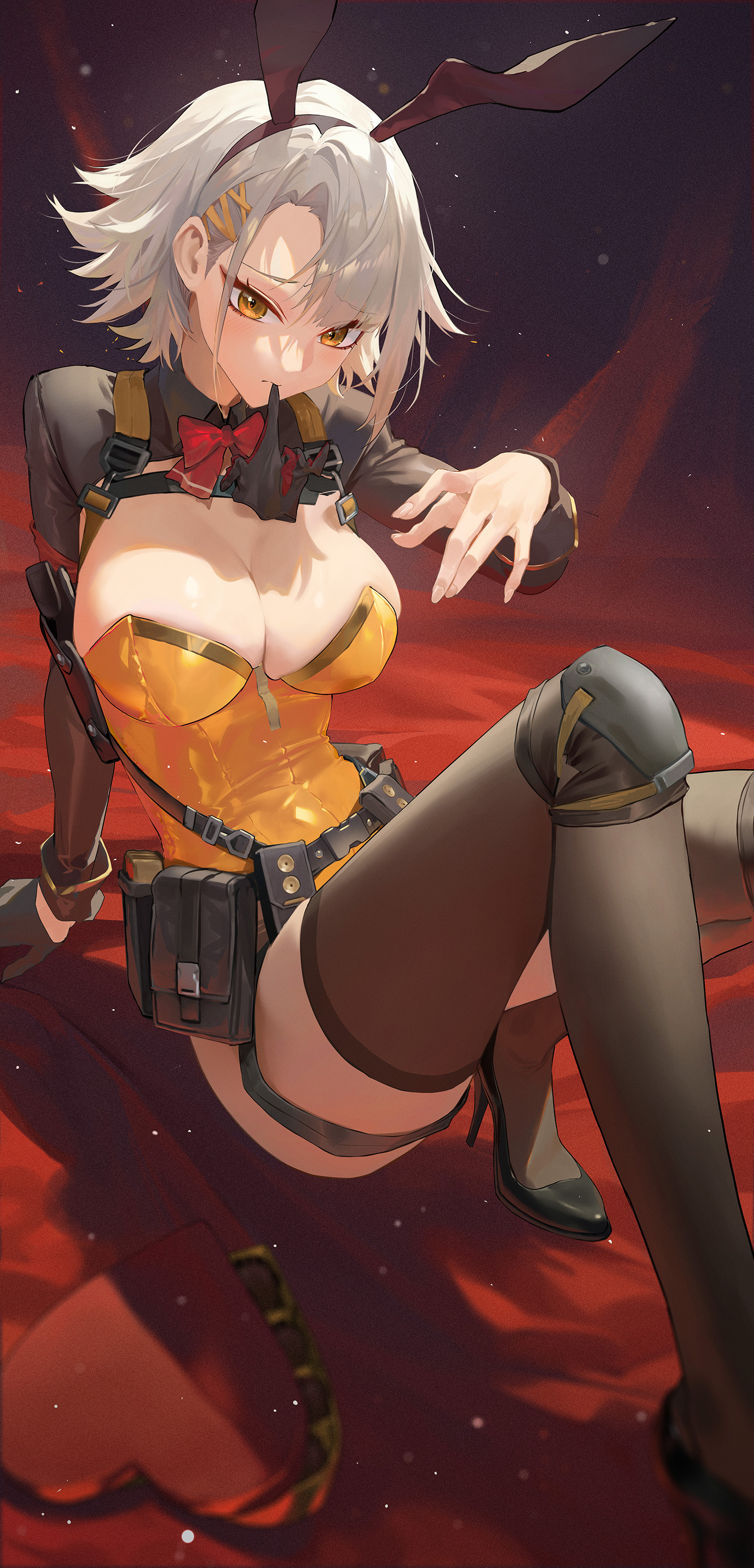1girl absurdres animal_ears arm_support armband black_gloves black_shoes black_shrug black_thighhighs blush bow bowtie box breasts brown_eyes chinese_commentary chocolate cleavage fake_animal_ears full_body girls'_frontline girls'_frontline_2:_exilium glove_in_mouth gloves grey_hair hair_ornament hairclip heart-shaped_box high_heels highres holster knee_pads leotard looking_at_viewer mouth_hold official_alternate_costume patent_heels playboy_bunny pouch pumps rabbit_ears red_armband red_bow red_bowtie shoes short_hair shrug_(clothing) solo stiletto_heels thighhighs ttk_(kirinottk) vector_(girls'_frontline) vector_(girls'_frontline_2) yellow_leotard