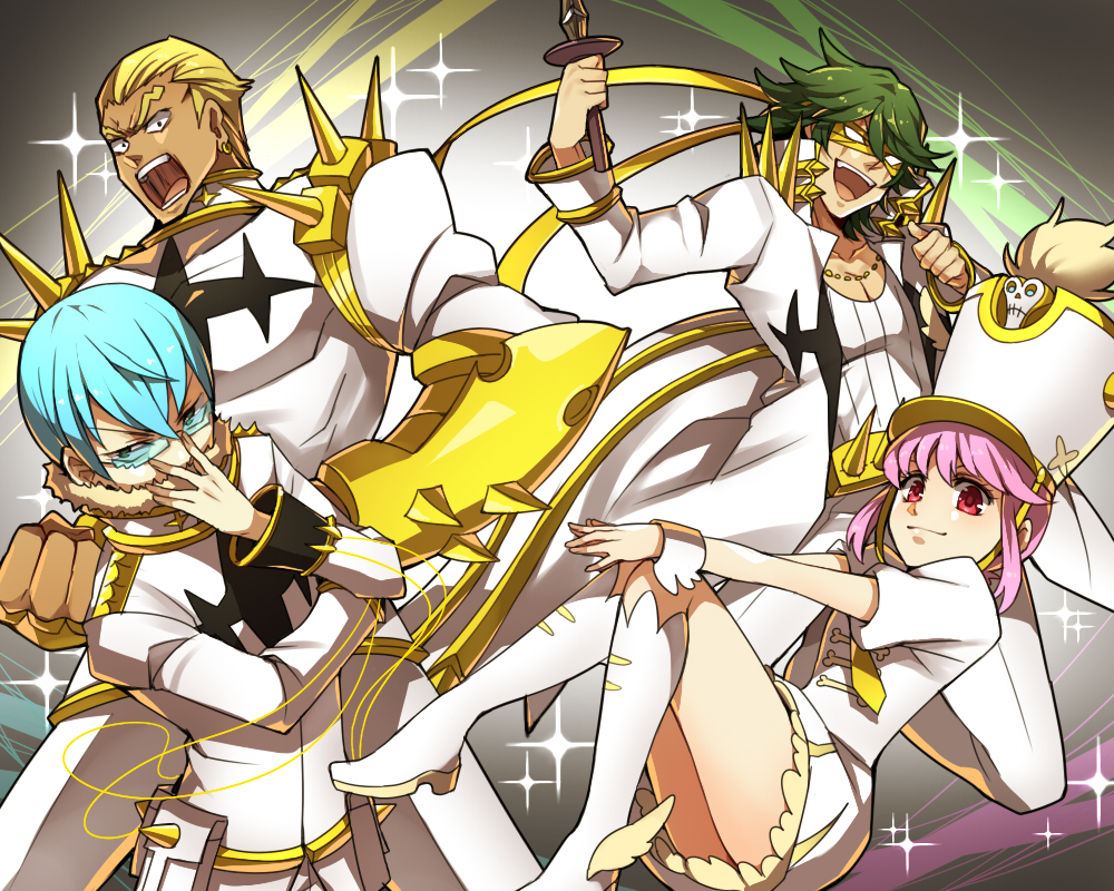 10s 1girl 3boys adjusting_eyewear bad_id bad_pixiv_id blonde_hair blue_hair boots gamagoori_ira glasses green_hair hat inumuta_houka jakuzure_nonon kill_la_kill mask mojya multiple_boys open_mouth pink_hair sanageyama_uzu shako_cap spikes uniform