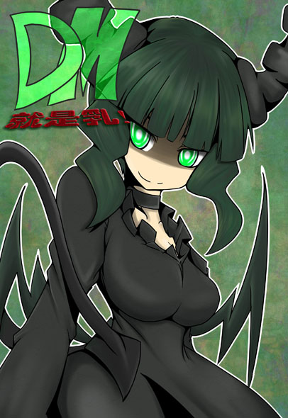 1girl black_choker black_dress black_horns black_rock_shooter bloodycat breasts choker dead_master dress green_eyes green_hair horns medium_breasts medium_hair skeletal_wings solo wings