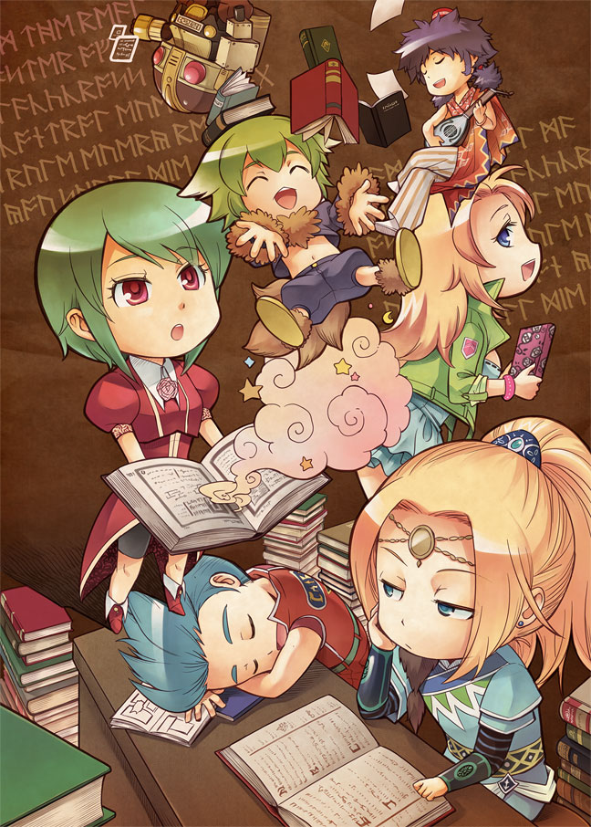 asellus_(saga_frontier) blonde_hair blue_(saga_frontier) breasts commentary_request dress emilia_(saga_frontier) everyone long_hair lute_(saga_frontier) medium_hair multiple_boys multiple_girls ponytail red_(saga_frontier) riki_(saga) saga saga_frontier short_hair souichi t260g_(saga)